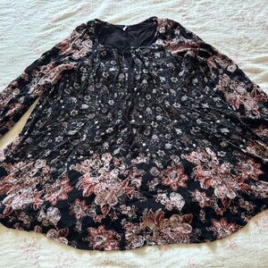 Free People Black and Pink Floral Long Sleeve Blouse